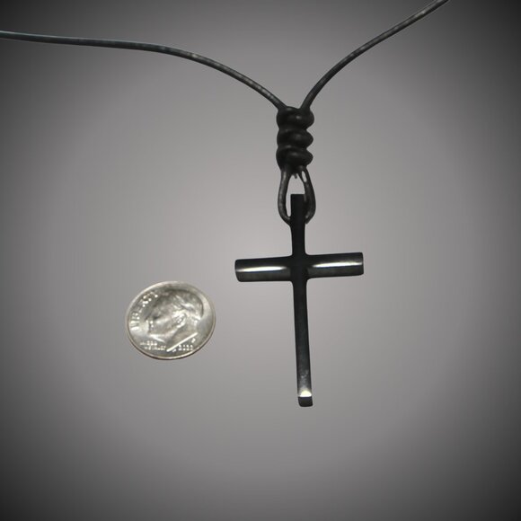 Black Titanium Steel Cross † on Hand Knotted Black Leather Cord Necklace- Unisex - Picture 4 of 7